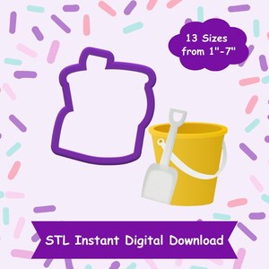 May include: A purple 3D printed STL file design of a bucket and spade. The design is available in 13 sizes from 1 to 7 inches. STL Instant Digital Download.