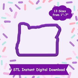 Puede incluir: Esquema morado del estado de Oregón en 13 tamaños de 1 a 7 pulgadas. Descarga digital instantánea STL.