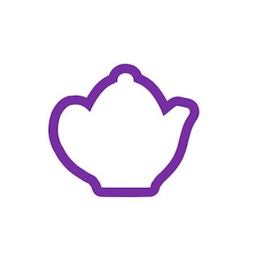 May include: Purple outline of a teapot with a rounded body and a spout.
