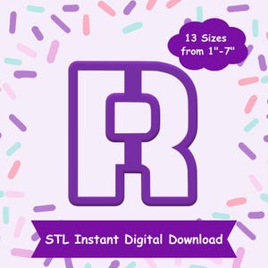 Puede incluir: Archivo STL imprimible en 3D de la letra R de color morado. El archivo está disponible en 13 tamaños de 1 a 7 pulgadas.