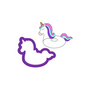 May include: An illustration of a unicorn pool float with a purple, pink, and blue mane and tail. A purple cookie cutter in the shape of the unicorn is also shown.