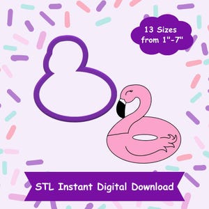 May include: A purple outline of a flamingo cookie cutter next to a pink flamingo illustration. The image includes the text "13 Sizes from 1"-7"" and "STL Instant Digital Download" on a purple banner.