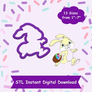May include: A purple bunny cookie cutter with a yellow bunny holding a basket of Easter eggs. The text "13 Sizes from 1"-7" is in a white cloud. The text "STL Instant Digital Download" is in a purple banner.