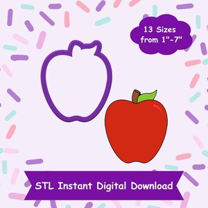 May include: A purple apple cookie cutter with a red apple illustration. The text "13 Sizes from 1"-7" is in a white cloud. The text "STL Instant Digital Download" is on a purple ribbon.