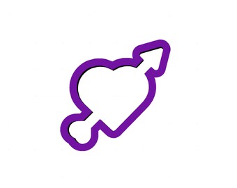 May include: A purple heart pierced by an arrow, a classic symbol of love. The heart shape is outlined in a darker purple, with the arrow's fletching and arrowhead clearly defined. The design is set against a clean white background.