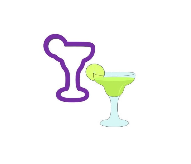 May include: A green margarita cocktail in a glass with a lime wedge garnish. A purple outline of a margarita glass is shown next to the cocktail.