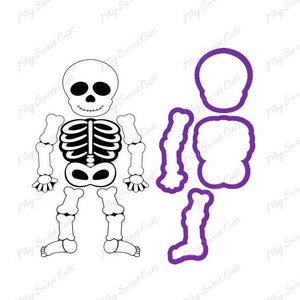 May include: A black and white skeleton cutout with a purple outline. The skeleton is made up of separate pieces, including the head, torso, arms, and legs.