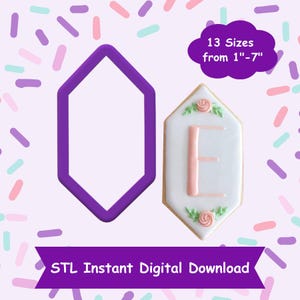 May include: Purple plastic cookie cutter in the shape of a hexagon. A decorated sugar cookie with pink icing and a letter E is shown next to the cutter. The text "13 Sizes from 1"-7" is in a white cloud shape. The text "STL Instant Digital Download" is in a purple banner.