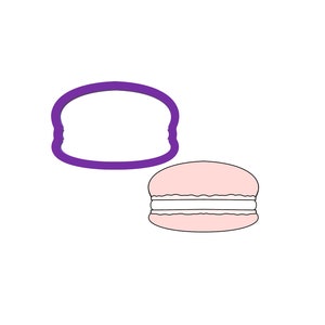 May include: A purple cookie cutter shaped like a macaron, next to a line drawing of a pink macaron with white filling.