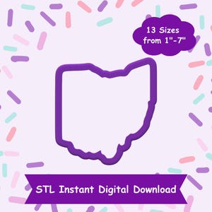 May include: Purple outline of the state of Ohio, 13 sizes from 1 to 7 inches, STL Instant Digital Download.