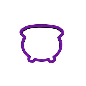 May include: Purple cauldron cookie cutter with a rounded base and three small feet.