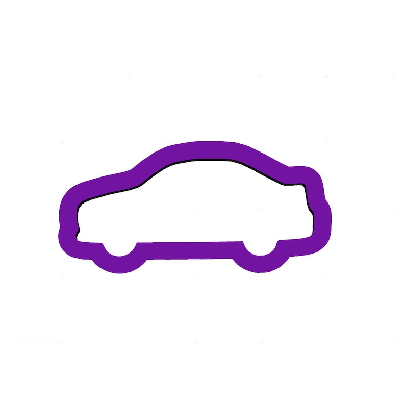 May include: Purple car cookie cutter, a side view of the cutter, with rounded edges and a simple design.