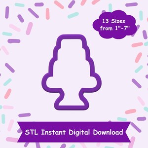 May include: Purple 3D printable STL file for a cake cutter. The design is a 4-tier cake with a base. The text "13 Sizes from 1"-7" and "STL Instant Digital Download" is included in the image.