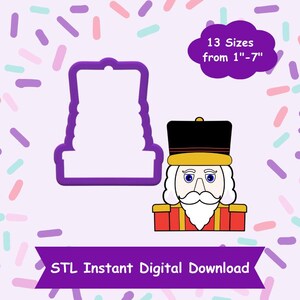 May include: A purple digital download STL file for a nutcracker cookie cutter. The cutter is 7 inches tall and comes in 13 sizes from 1 to 7 inches. The image shows a cartoon nutcracker with a red and gold uniform, a white beard, and a black hat.