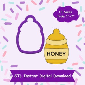 May include: A purple honey jar cookie cutter with a yellow honey jar illustration. The illustration has the word "HONEY" on the label. The cookie cutter is available in 13 sizes from 1 to 7 inches.