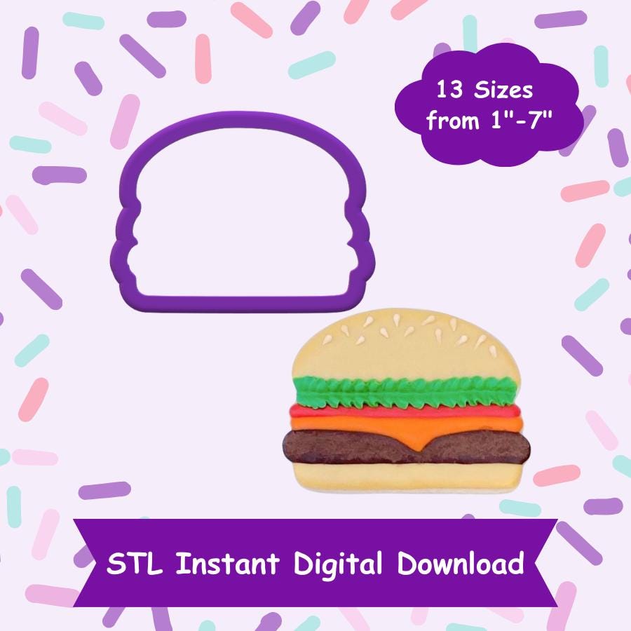 Hamburger Cookie Cutter STL Digital Download - STL Instant Digital Download for 3D Printing - Food Cookie Cutter STL