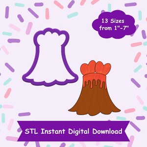 May include: A digital download of 13 STL files for a 3D printed cookie cutter shaped like a volcano with red lava and a brown base. The cutter is available in sizes from 1 to 7 inches.