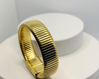 Gold Stretch Stainless Steel Ribbed Bangle Bracelet