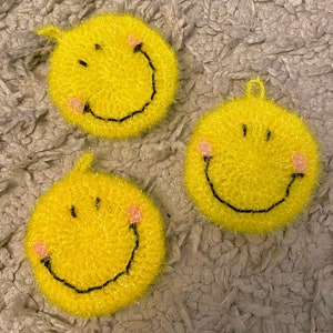 Smiley Scrubby, Scrubber, Crochet Reusable Dish cloth, Dish Scrubby, Dish Scrubbers, Handmade Eocfriendly, Cleaning Scrubby Smile Yellow