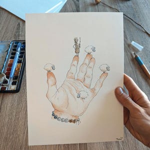 Lindo granjero pastoreando ovejas - Ilustración original en acuarela y tinta - Arte de dibujos animados único y caprichoso - Pintura hecha a mano en tamaño A4