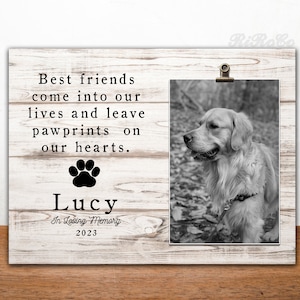 Dog memorial gift, pet memorial picture frame, personalized dog remembrance photo, paw prints on our hearts