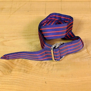 May include: A blue and red striped fabric belt with a silver buckle.
