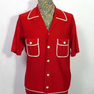 True Vintage GIUSSPPE DE FARO 1950s Red Contrast Stitch Short Sleeve Button Up Shirt Size L Made In Italy #336