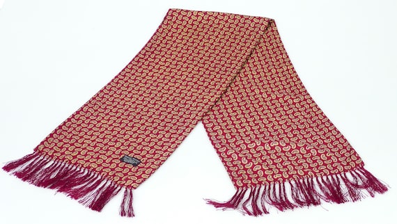 Vintage Large Tootal Burgundy Paisley Rayon Scarf Fringes Made In England