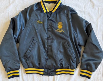 Vintage 80s Teamsters Local 401 Wilkes-Barre PA Satin Jacket | Navy & Gold Union Made Bomber | Ken Personalized Workwear | Coal Region