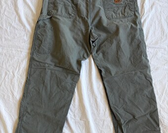 Vintage Carhartt Canvas Work Dungarees Fatigue Green Grey 36x30 | Distressed Carpenter Utility Pants Loose Original Fit 90s Y2K Workwear