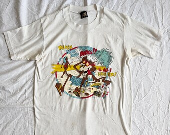 Vintage 80s Beach Beer and Babes T-Shirt | Single Stitch White Graphic Tee | Funny Cartoon Cat Surf Party Shirt | Retro Americana Summer Top