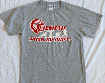 Vintage 90s Conrad Phys Ed Heather Gray T-Shirt | Fruit of the Loom Heavy Cotton | Retro School Graphic Athletic Tee | S