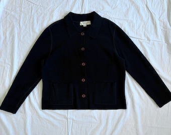 Vintage 90s Anne Klein II Petite Black Knit Jacket | Made in France Wool Blend Cardigan | Minimalist Parisian Chic Blazer