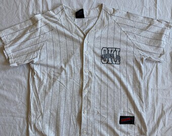 Vintage 90s Japan Baseball Jersey Shirt L | White Blue Pinstripe Button Up Tee Sportswear | Soffe Made in USA Authentic Uniform