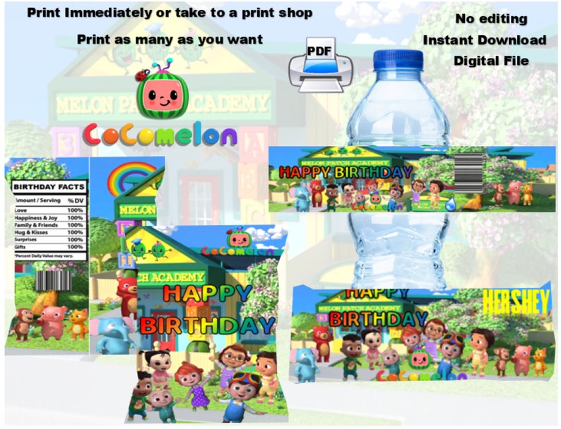 and Hershey wraps print immediately. Chips 3 different labels water Cocomelon party covers digital download only
