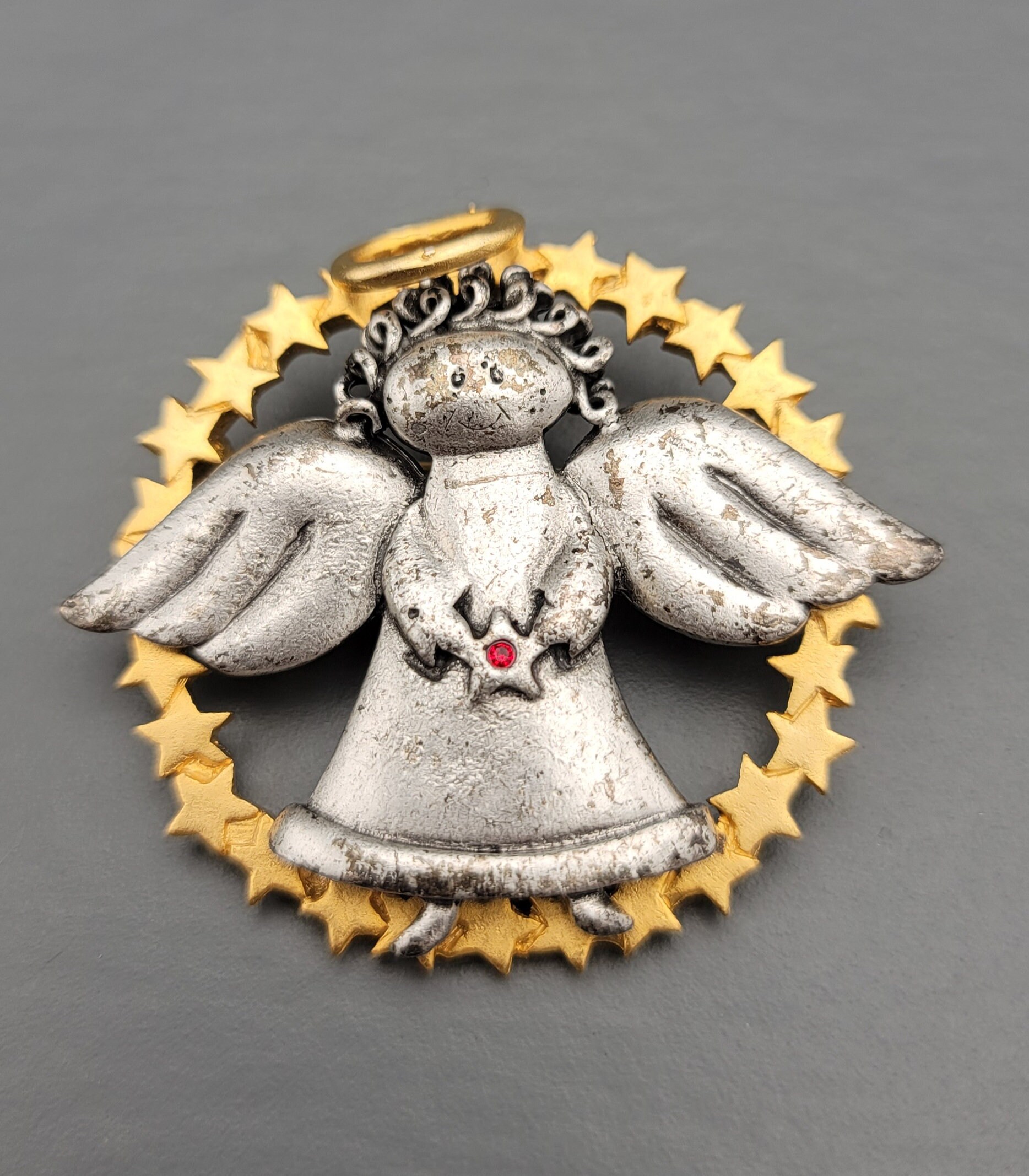 Angel carrying Christmas Star Brooch Silver and Gold tone - Etsy.de