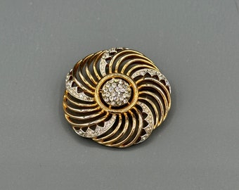 Vintage signed R Creation's gold tone clear rhinestone round pin brooch 2”