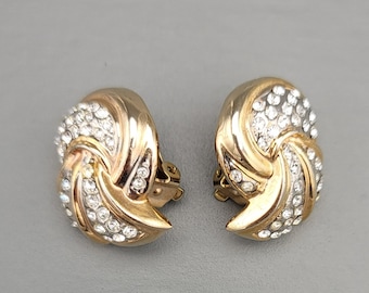 Gold Tone Rhinestone Clip on Earrings - Vintage 1980s Costume Jewelry Earrings