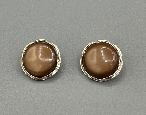 Vintage LISNER, Brown Lucite Earrings, Round, Gol… - image 1