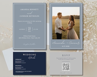 Conjunto de convites de casamento em azul acinzentado com código QR, convite azul claro editável, modelo de papelaria moderno e elegante com confirmação de presença (RSVP).