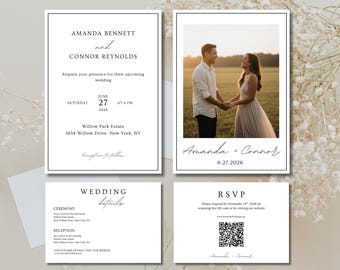 Minimalist Wedding Invitation with QR Code Invite Editable Canva Template Printable Stationery Modern Elegant Invite RSVP Wedding Bundle