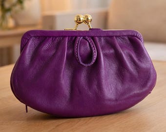 Grand porte monnaie cuir femme clic clac, porte monnaie cuir vintage rétro fermoir métallique grande bourse cuir