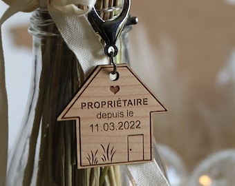 Porte-clé maison personnalisé - Porte-clés Propriétaire locataire personnalisé en forme de maison - Porte-clefs en bois personnalisé