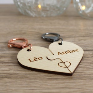 Personalized heart puzzle keychain - Personalized wooden heart keychain - Personalized wooden couple heart keychain that fits together
