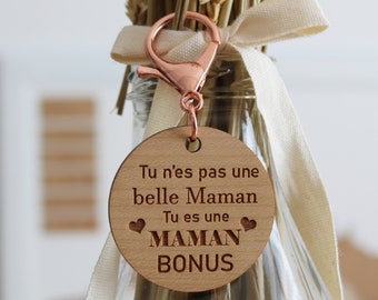 Porte-clé personnalisé en bois - Porte-clés MAMAN BONUS - Cadeau beau Maman - Beaux enfants - 2ème papa - Porteclés personnalisé belle-père