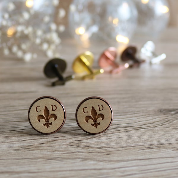 Boutons de manchettes fleur de lys personnalisable initiales - Fleur de lys - Bouton de manchette initiales fleur de lys - Bouton chemise