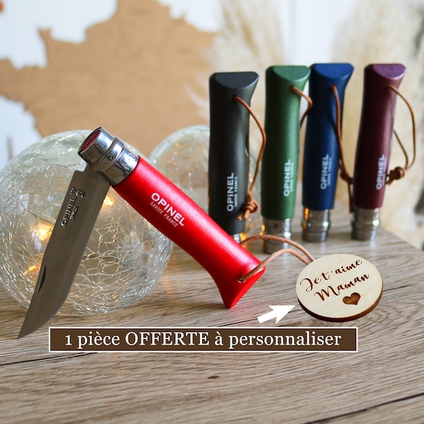 Couteau OPINEL baroudeur numéro 8 couleurs au choix avec une pièce personnalisée en bois vernis