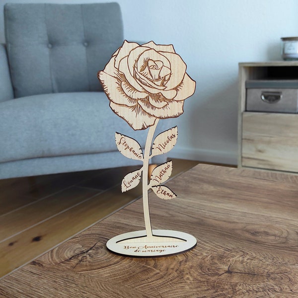 Rose éternelle en bois à personnaliser avec Prénom - Décoration fleurs en bois - Rose en bois sur pied avec Prénoms personnalisable