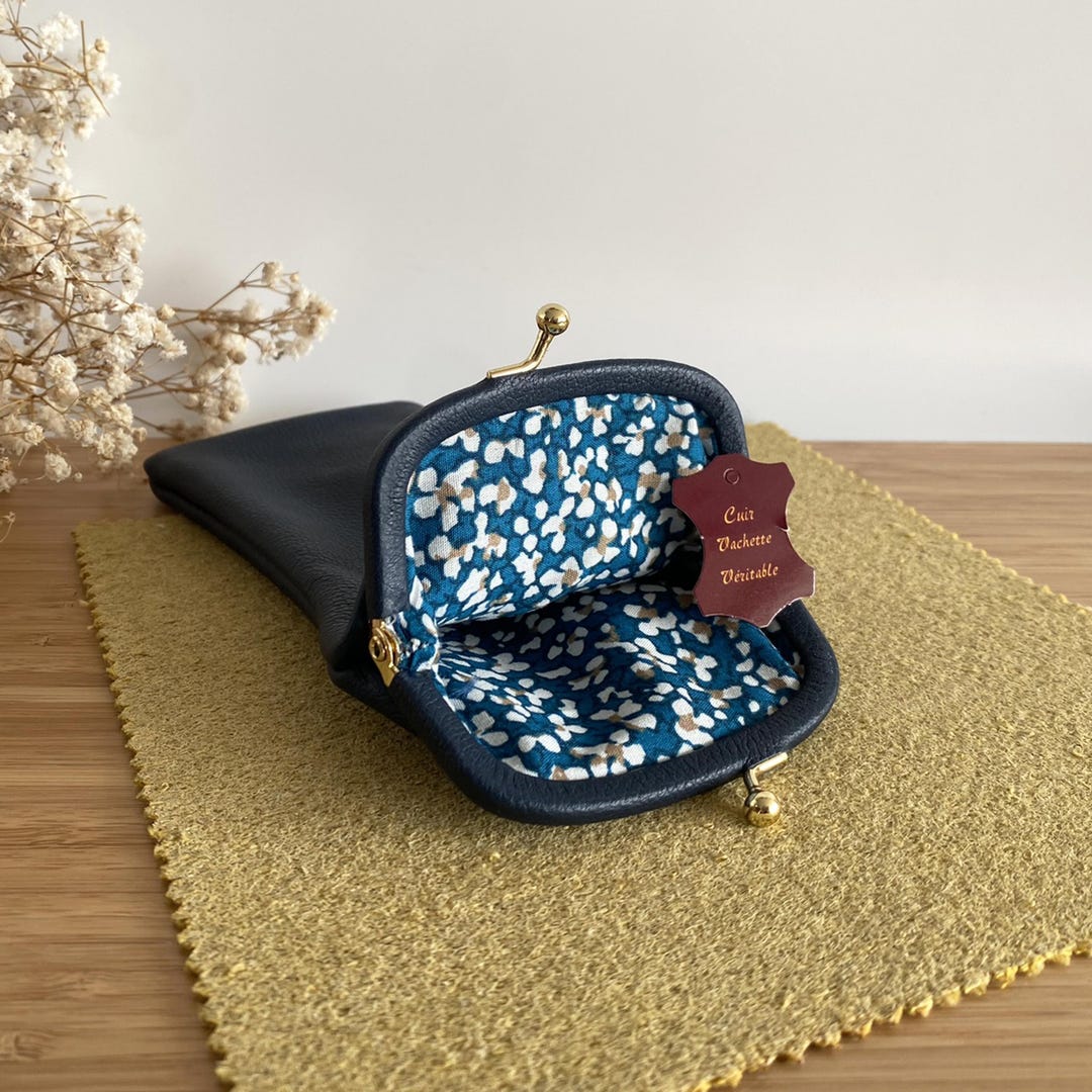 Navy Leather Glasses Case - Floral Fabric Interior With Gold  display picture 1