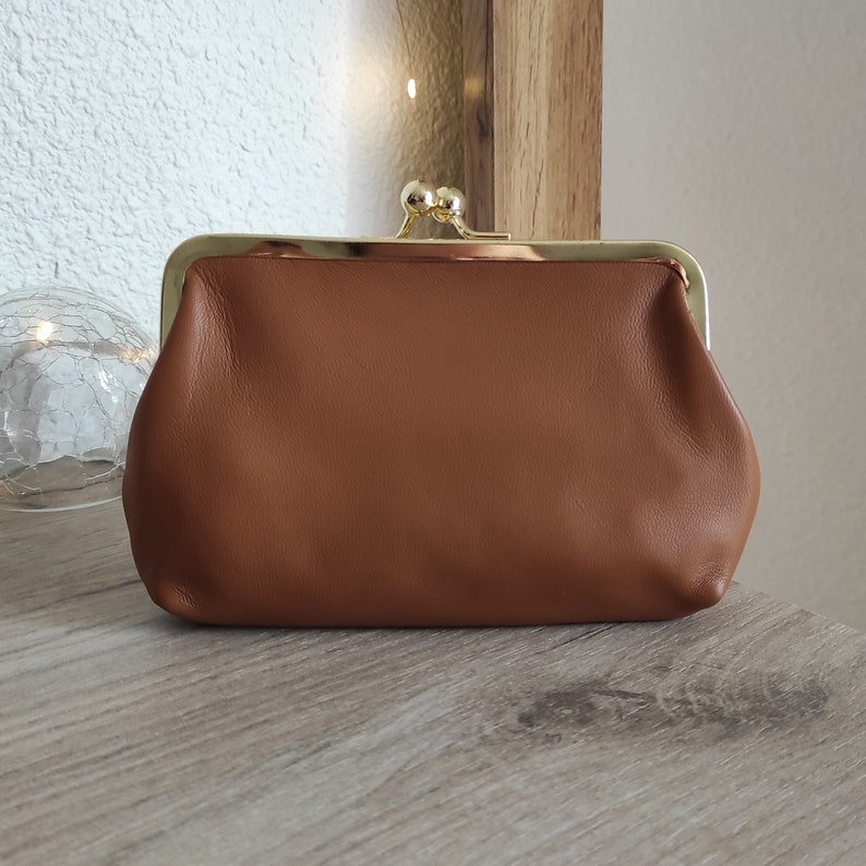 Large vintage coin purse with golden clic-clac clasp Old genuine leather purse Large leather purse for coins and notes image 9